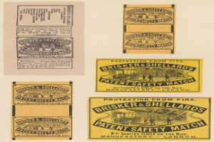 Papier mit mehreren angehefteten Zetteln, jeder trägt den Text "Brisker & Shellard's Patent Safety Match".