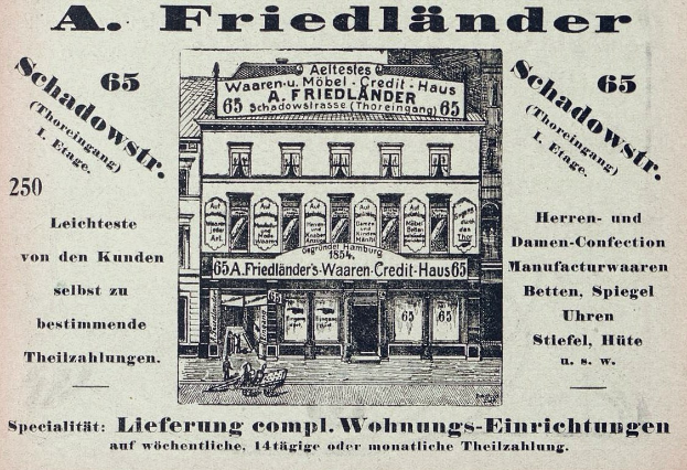 Schwarze-weiße Anzeige für einen Friedländer-Laden in Deutschland, die ein Gebäude mit Text auf der Fassade zeigt.
