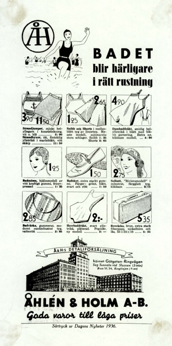 Frau in einem weißen und blauen gestreiften Bikini mit einem Pferdeschwanz, die direkt in die Kamera schaut, in einer Werbung umgeben von Bildern von Menschen, Gebäuden und fetter Schrift.