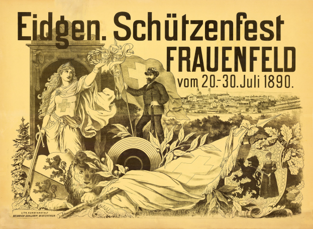 Plakat zum Eidgen Schützenfest in Frauenfeld, Deutschland, mit einem Mann im Anzug und einer Frau im Kleid nebeneinanderstehend und Veranstaltungseinzelheiten.