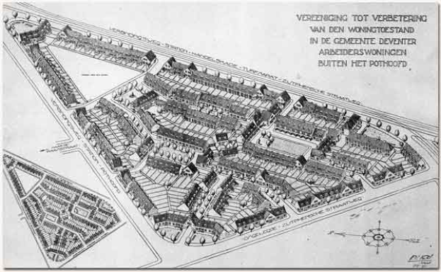 Eine Schwarz-Weiß-Zeichnung eines Stadtplans mit zahlreichen Gebäuden, darunter wahrscheinlich ein Rathaus, und Textanmerkungen.