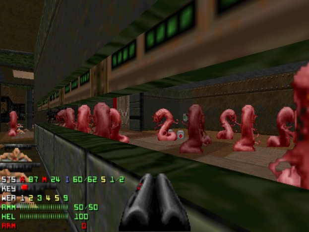 Screenshot von *Doom II*, das mehrere animierte Zombies in einem Raum, eine Waffe unten und Statusinformationen (Gesundheit, Munition usw.) links zeigt.