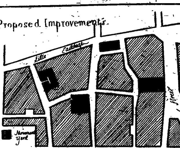 Schwarze und weiße Stadtkarte mit der Bezeichnung "Vorgeschlagene Verbesserungen", die Straßen, Gebäude und Sehenswürdigkeiten zeigt.