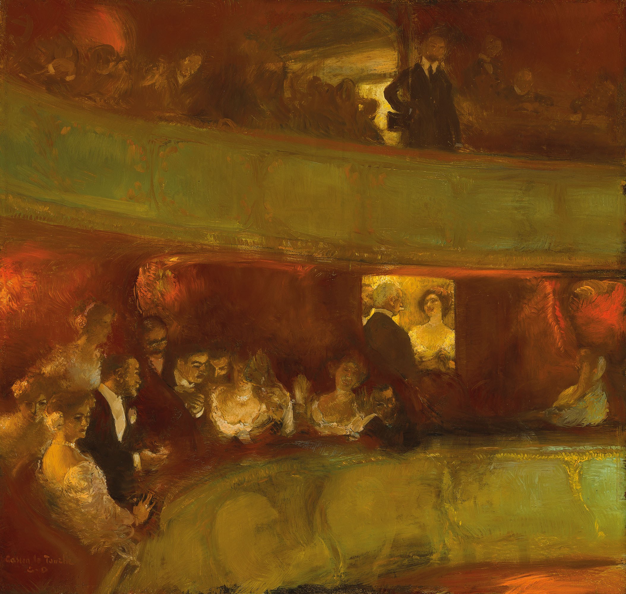 Gemälde einer vielfältigen Gruppe von formell gekleideten Menschen in einem hell erleuchteten Theater, einige stehen und einige sitzen, mit neutralfarbenen Wänden.