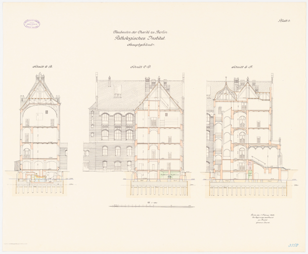 Ein detaillierter Architekturplan der Charles II-Schule in Berlin, der ein Gebäude mit zahlreichen Fenstern zeigt, begleitet von Text und Plänen.