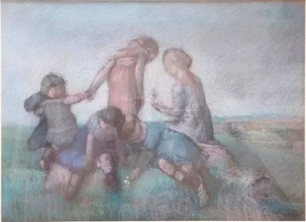 Malerei von Kindern beim Spielen auf einem Feld, gerahmt, mit hellen, fröhlichen Farben und spielerischen Gesichtsausdrücken.