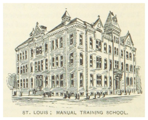Eine Zeichnung der St. Louis Manual Training School mit ein paar Menschen davor und Text unten.