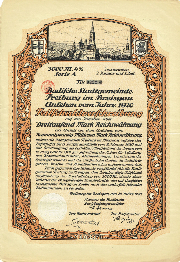 Altes deutsches Aktienzertifikat mit einer Stadtansicht und gedrucktem Text, wahrscheinlich über die Herkunft der Aktie.