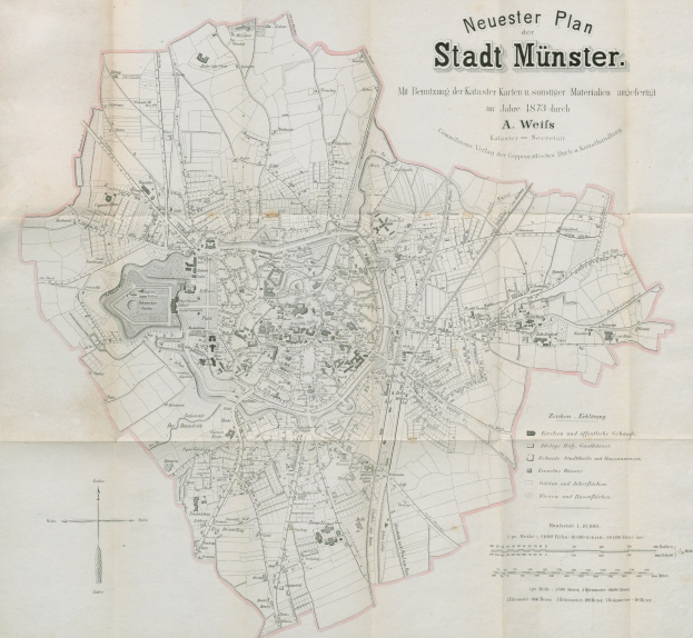 Ausführliche Karte von Stadt Münster, Deutschland, von 1873 mit Text und Stadtlayout.