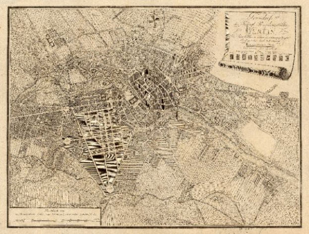 Ein alter Stadtplan von Berlin, Deutschland, der Straßen und Sehenswürdigkeiten zeigt, in einem Foto Rahmen.