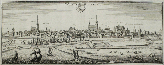 Eine Gravur der Stadt Wiesbaden, Deutschland, mit Booten im Wasser, Gebäuden und einem Himmel im Hintergrund, mit Text und einem Logo oben und unten.