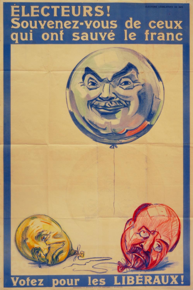 Ein französisches Wahlplakat aus den 1920er Jahren, das einen Mann mit einem Ballon im Gesicht zeigt und dazu aufruft, diejenigen zu wählen, die Frankreich gerettet haben.