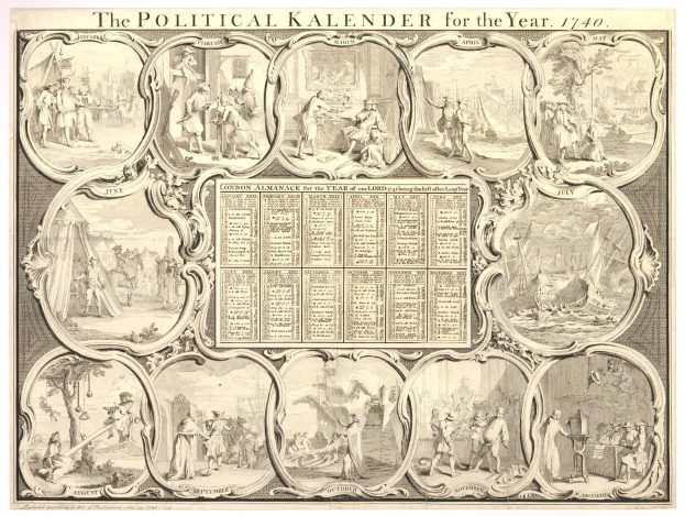 Politischer Kalender für 1740, unterteilt in Monate mit fetter Schrift und Abbildungen von verschiedenen Menschen, die politische Ereignisse darstellen.