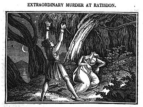 Schwarze und weiße Illustration eines Mannes und einer Frau in einem Wald mit Bäumen im Hintergrund, betitelt "Außergewöhnlicher Mord in Ratison" oben und unten.