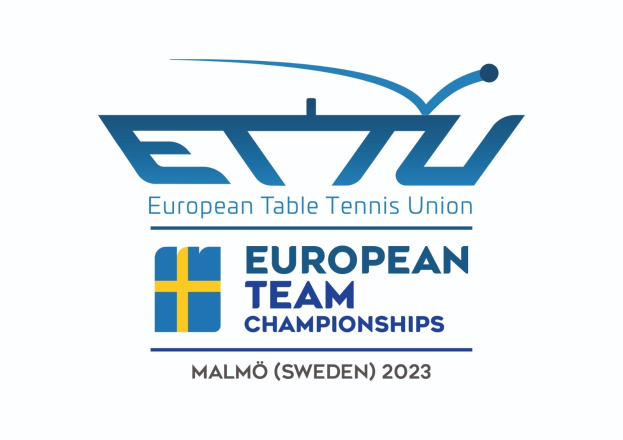 Logo der Europäischen Tischtennis-Union (ETTU) für die Europameisterschaften, mit einem blauen Kreis mit einem weißen Tennisracket und einem weißen und blauen Rand, mit schwarzem Text darunter.
