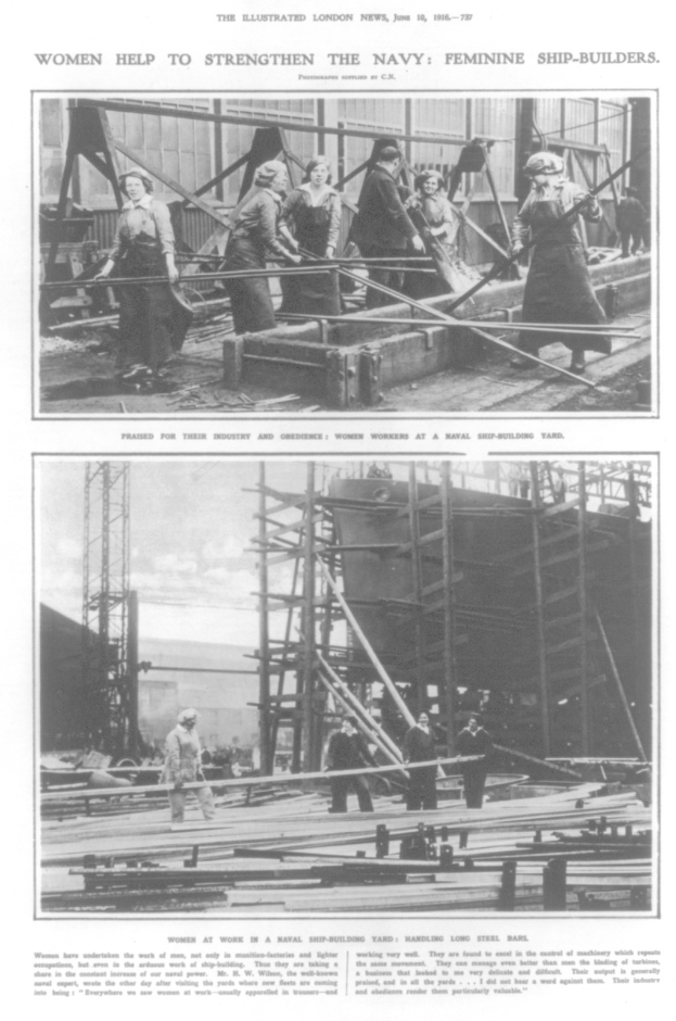 Schwarzes und weißes Foto von Frauen bei der Montage von Metallschiffsteilen mit dem Text "Frauen stärken die Marine Feminine Schiffbauer" oben und unten.