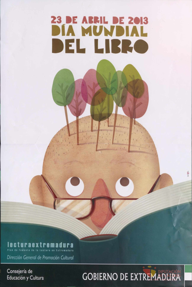 Ein Plakat für den 23. Internationalen Bibliothekstag mit einer Cartoon-Person, die ein Buch mit Bäumen darauf liest und Text mit Veranstaltungsinformationen.