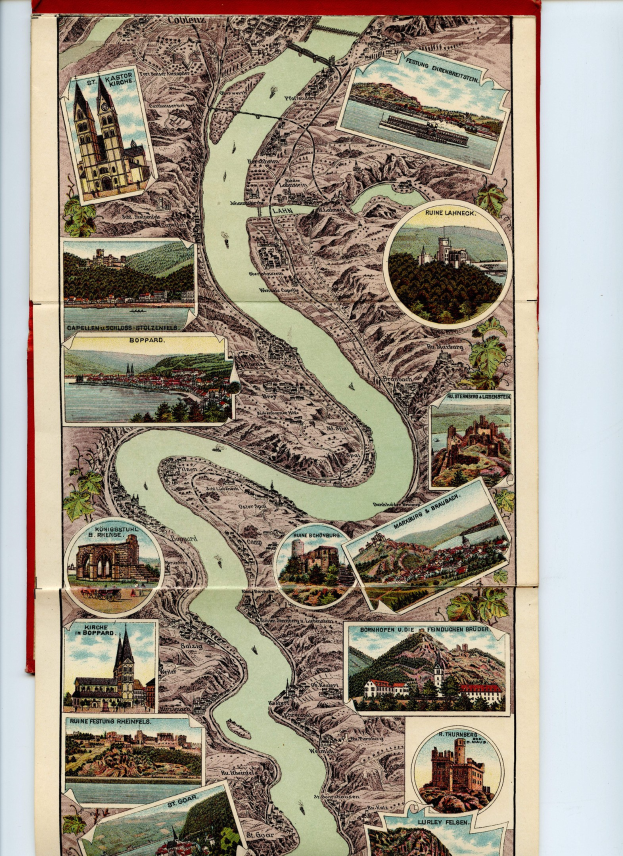 Alte Karte des Rheins in Deutschland in einem klassischen Photo-Rahmen eingerahmt, umgeben von Illustrationen von Gebäuden, Bäumen und Wasser.