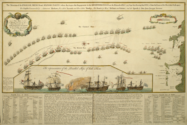 Eine Karte der britischen und spanischen Flotte im Mittelmeer auf einem Papier, mit mehreren Schiffen im Hintergrund und begleitendem Text, der die Schiffe detailliert.