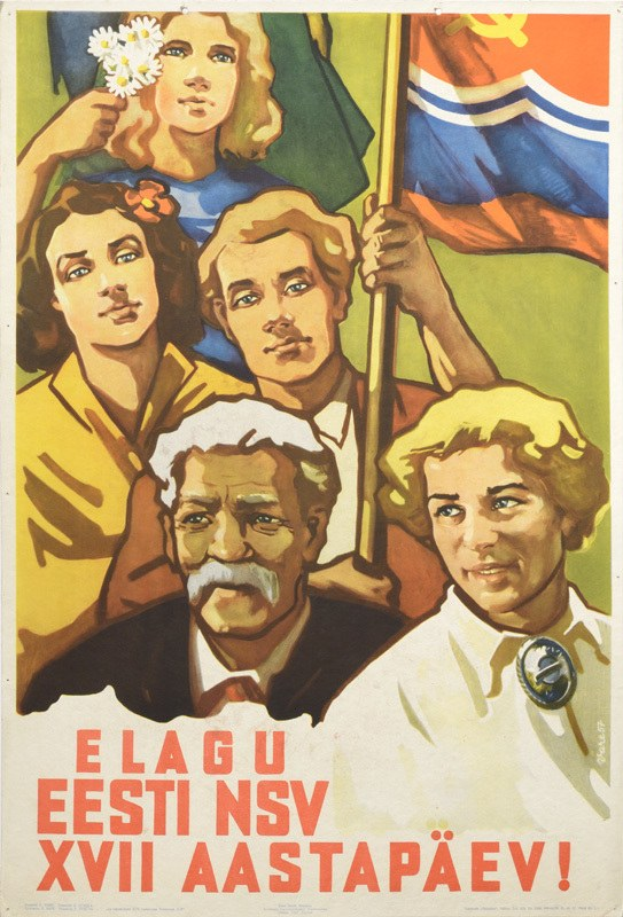Sowjetisches Propagandaplakat zum Internationalen Frauentag, das eine Frau mit Blumen in der Hand zeigt, umgeben von einer Menge und einem Gebäude, mit der Aufschrift "Frauentag."