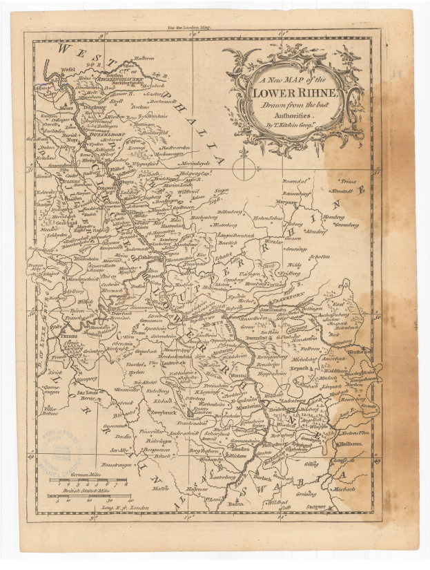 Alte Karte des Niederrheins mit klassischem Schriftzug, die geografische Merkmale wie Flüsse, Berge und Städte zeigt.