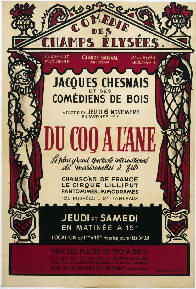 Plakatankündigung für eine Comedy-Show auf den Champs-Élysées in Paris mit Text und Bildern.