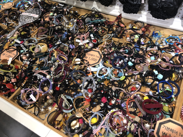 Vitrine voller verschiedener Schmuckstücke, einschließlich Armbänder, Ketten und Preisschilder, mit Kleidung darüber, die auf einen Markt hinweist.