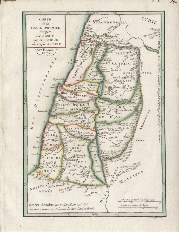 Ein altes Buch mit einer detaillierten Karte des Nahen Ostens und Israels sowie begleitendem Text mit geografischen Informationen.