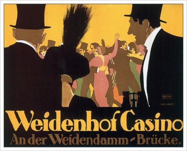 Ein Plakat bewirbt das Weidenhof Casino in Brücke, Deutschland, mit einer farbenfrohen Illustration von tanzenden und feiernden Menschen, wobei der Schriftzug "Weidenhof" in fetter Schrift über dem Bild steht und von einem schwarzen Rahmen umgeben ist.