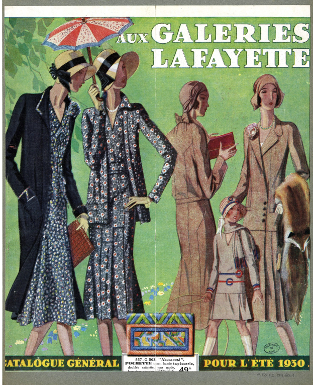 Ein Magazin-Cover mit einer Gruppe von Frauen in Kleidern und Hüten, eine hält einen Schirm und eine andere ein Buch, mit Text auf dem Cover.