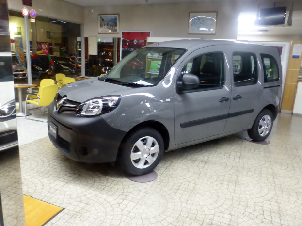 Ein Citroen Berlingo Multispace 1.6 HDI 90CV Feel Auto steht auf einem Boden umgeben von verschiedenen Möbel- und Dekorationselementen, einschließlich Stühle, Tische, Schilder, einen Fernseher, eine Tür, eine Wand mit Fotorahmen und eine Decke mit Lampen.