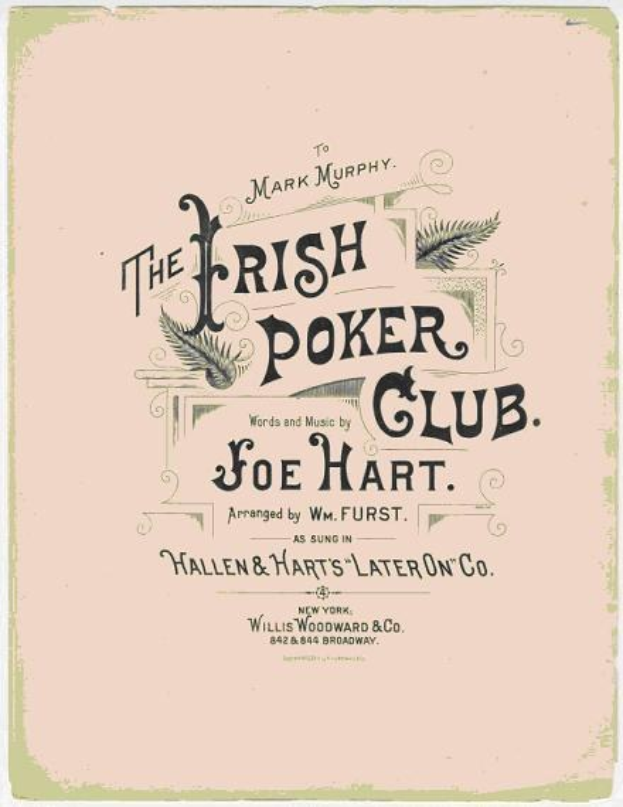 Plakat mit der Aufschrift "The Irish Poker Club" in fetter schwarzer Schrift auf einem weißen Hintergrund, umrandet von einem schmalen schwarzen Rand, mit einer bunten Kleeblatt-Illustration.