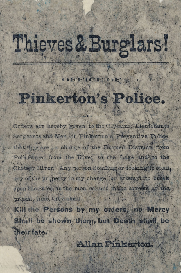 Plakat mit fetter schwarzer Schrift "Diebe & Einbrecher Pinkertons Polizei" auf weißem Hintergrund, umrandet von einem dünnen schwarzen Rand.