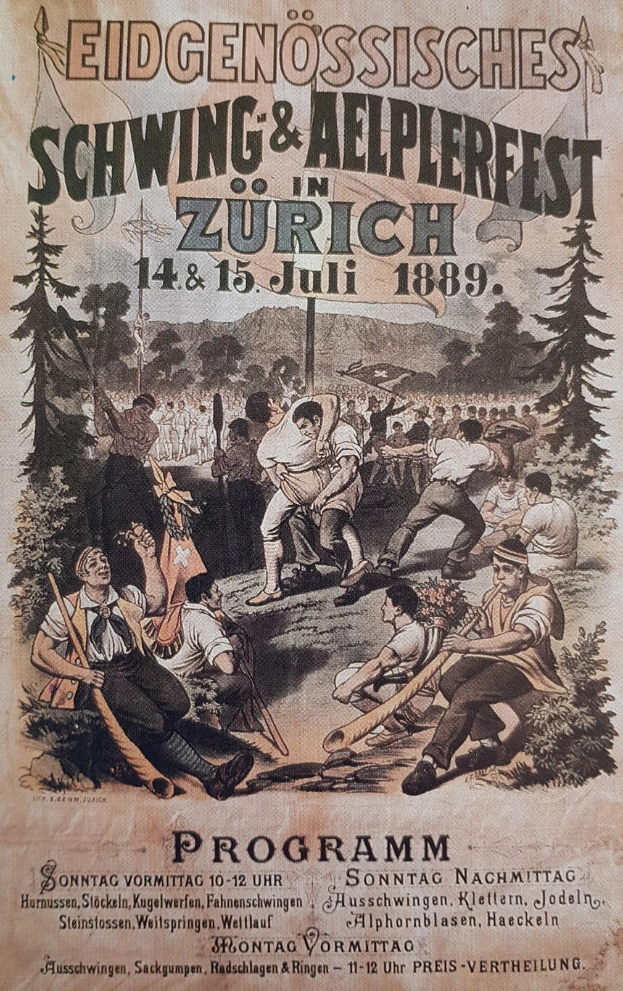 Plakat für ein Festival in Zürich, Schweiz, mit einer Gruppe von Menschen vor Bäumen und Text mit Festival-Informationen.