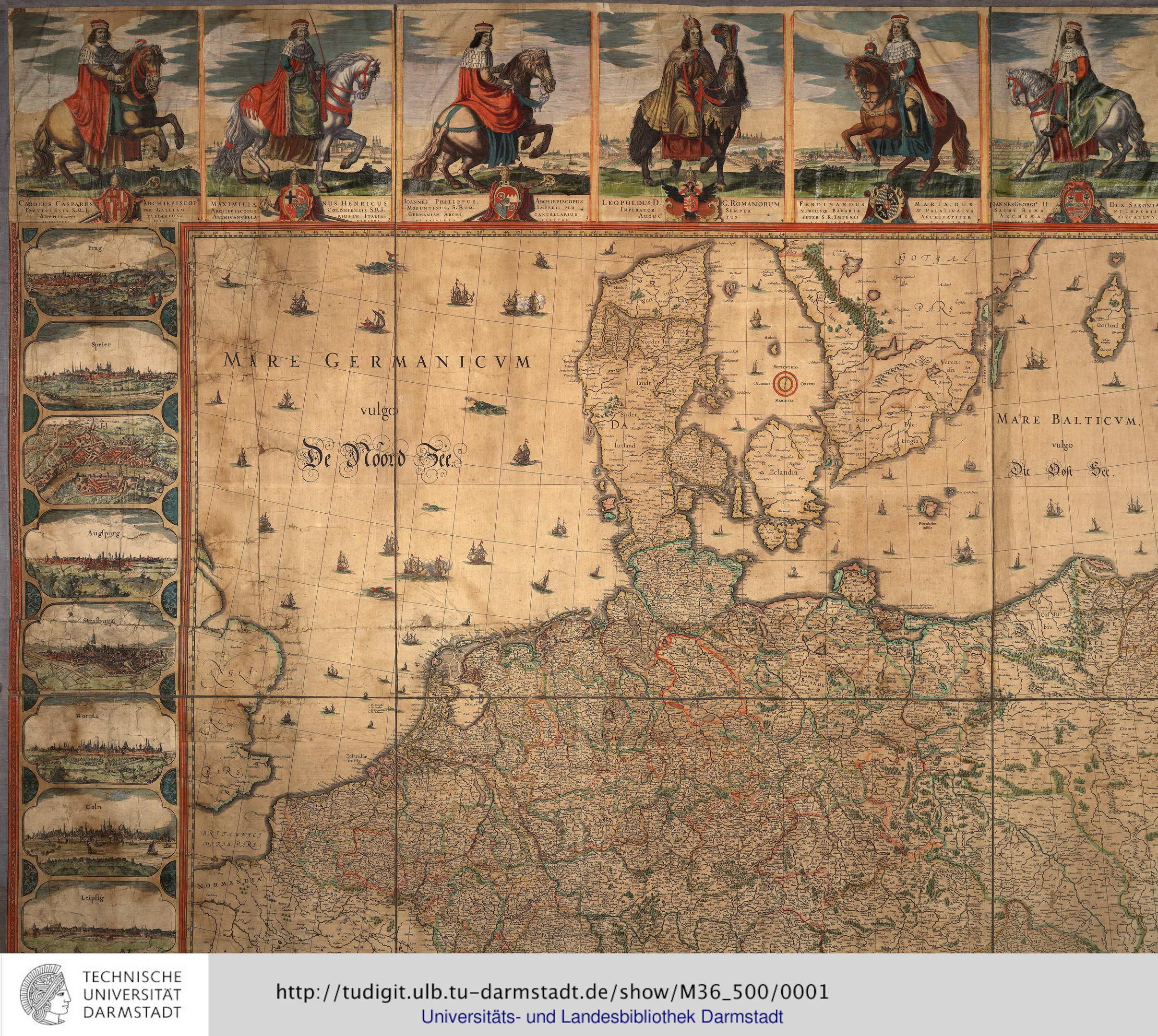 Eine detaillierte Deutschlandkarte mit einer Gruppe von Menschen in traditioneller Kleidung auf Pferden im Hintergrund und Text unten.