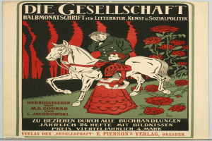 Ein deutsches Propagandaplakat der Gesellschaft, das einen Mann und eine Frau auf einem Pferd umgeben von Rosen zeigt, mit Text zur Ereignisinformation.