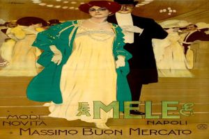 Ein Plakat, das eine Modenschau mit einer Frau in einem weißen Kleid und einem Mann in einem schwarzen Anzug bewirbt.