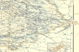Ein altes Stadtplan von Rinkjöbing, Deutschland, auf Papier gedruckt, zeigt Straßen, Autobahnen und andere Merkmale mit Text und Zahlen.
