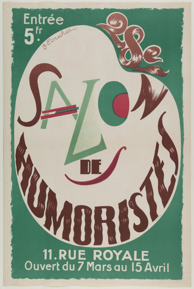 Ein Plakat, das ein Humorsalon in Paris, Frankreich, ankündigt, mit Text, der die Angebote des Salons beschreibt.