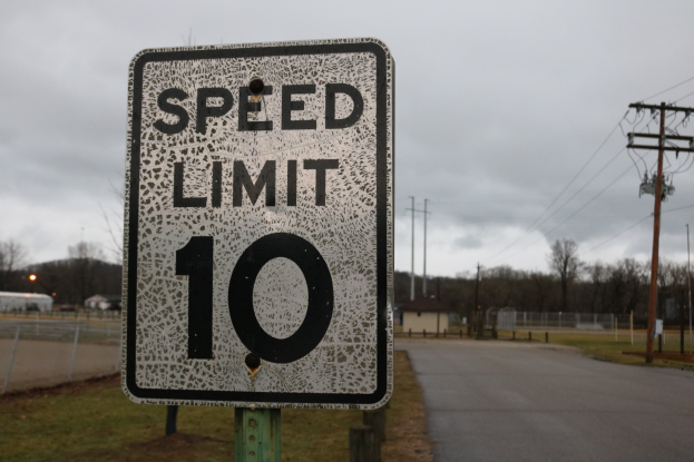 Geschwindigkeitsbegrenzungsschild am Straßenrand mit umliegender Wiese, Strommästen, einem Zaun, Häusern, Bäumen und einem bewölkten Himmel im Hintergrund.