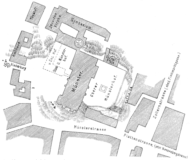 Schwarz-weißer Stadtplan von Münsterstraße mit detaillierten Straßen, Gebäuden und Merkmalen.