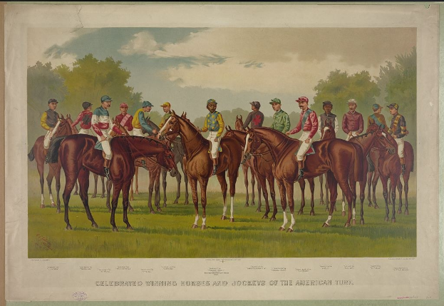 Gruppe von Menschen, die auf Pferden auf einem grünen Feld mit Bäumen und einem blauen Himmel reiten, mit Text unten, der "Feiernder Siegerpferde und Jockeys der amerikanischen Wiesen" lautet.