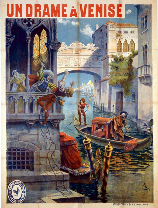 Ein Filmplakat mit Menschen in einem Boot auf dem Wasser mit Gebäuden, Bäumen und einer Brücke im Hintergrund, in Venedig, Italien, mit Text, der den Film beschreibt.