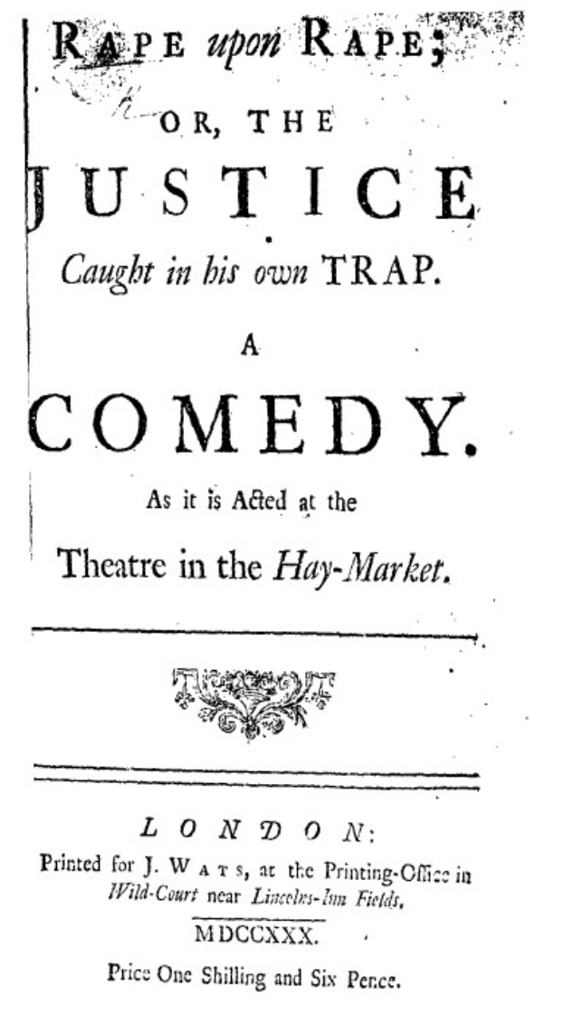 Schwarzes und weißes Plakat mit fetter schwarzer Schrift, die "Vergewaltigung über Vergewaltigung oder die Gerechtigkeit, die in ihrer eigenen Falle gefangen ist" lautet, wahrscheinlich Ankündigung einer Comedy-Show.