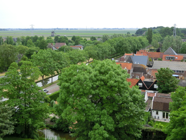 Eine Vorstadtansicht mit Häusern und Bäumen, Autos auf einer Straße und Türmen und einer Windmühle im Hintergrund.