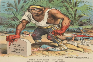 Eine Karikatur eines Mannes mit einem Messer vor einem Grab mit Text darauf, umgeben von Menschen auf dem Boden und Bäumen im Hintergrund; Text unten lautet "Der spanische Barbar fügt Verstümmelung zum Mord hinzu."