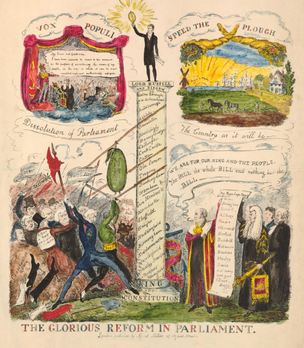 Ein buntes illustriertes Dokument mit dem Titel "Die glorreichen Reformen im Parlament" mit fetter Schrift und verschiedenen fröhlichen Menschen, die Fortschritt und Hoffnung symbolisieren.