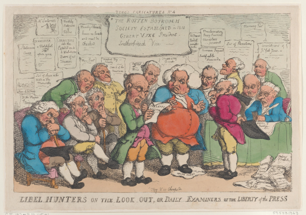 Eine Gruppe von Menschen sitzt um einen Tisch mit Papieren und Gegenständen, einer hält ein Papier in der Hand, mit Text unten lesbar "Libel Hunters on the Look Out, or Daily Examiners of the Liberty of the Press".