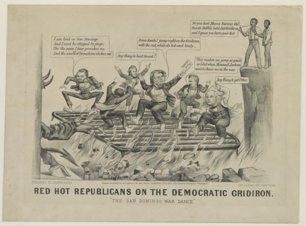 Politischer Cartoon zeigt rote Figuren in Not auf einem Gitterfeld mit fetter schwarzer Schrift.