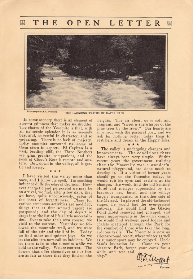 Ein Plakat mit einem Bild von Bäumen und einer Straße oben, einem Artikel darunter und einer Unterschrift in der rechten unteren Ecke.